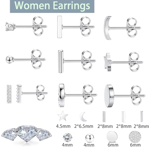 XINNSTAR 9 Pairs Stainless Steel Star Moon Stud Earrings for Women Cute Bar CZ Stud Hypoallergenic Cartilage Screw Back Earring Set for Girls Stylish Gift