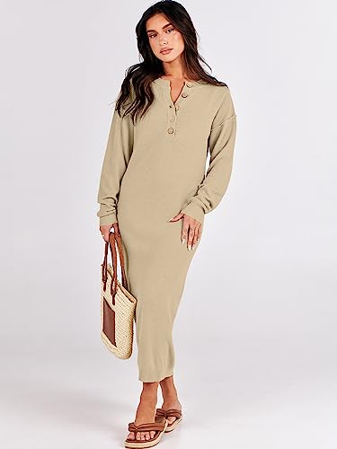 ANRABESS Women Long Sleeve Button V Neck Oversized Casual Loose Fit Waffle Knit Fall Midi Sweater Dress 2024 Trendy Outfits Green Large