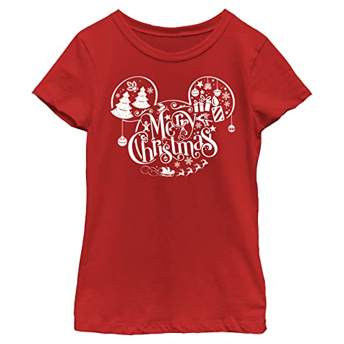 Disney Mickey Classic Merry Christmas Logo Fill Girls T-Shirt, Red, X-Small