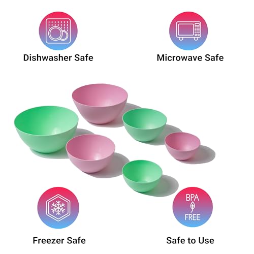 Plastic Bowls for Serving and Mixing - 6 PCs - Reusable Snack Cereal Salad Bowl - Microwaveable and Dishwasher Safe Small Nesting Chip Camping Outdoor - Pink/Green