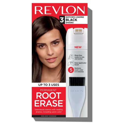 Revlon Permanent Hair Color, Permanent Hair Dye, At-Home Root Erase with Applicator Brush for Multiple Use, 100% Gray Coverage, Black (3), 3.2 Fl Oz