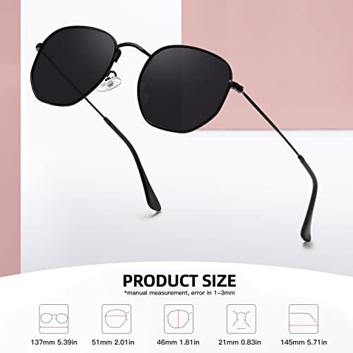 MEETSUN Polarized Hexagon Sunglasses for Women Men Polygon Square Sun Glasses UV400 Protection Metal Frame Black-Gray