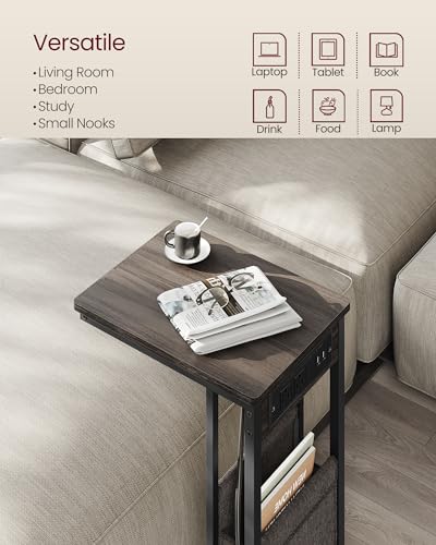 VASAGLE C-Shaped Side Table, End Table with Charging Station, 2 USB Ports and Outlets, C Table for Couch, Sofa, with Storage Bag, Adjustable Feet, for Bedroom, Living Room, Ash Brown ULET356K01