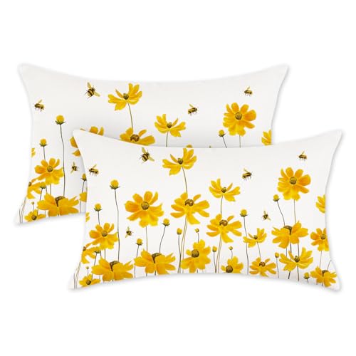HOMFREEST Spring Summer Pillow Covers 12x20 Set of 2 Farmhouse Daisy Floral Bee Decorations Yellow Patio Outdoor Cushion Case for Sofa Couch Home Decor