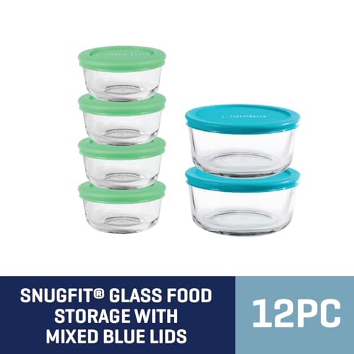 Anchor Hocking 12 Piece Glass Storage Containers with Lids (6 Glass Food Storage Containers & 6 Mixed Blue SnugFit Lids)