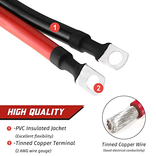 2 AWG Battery Cable 2AWG Gauge Pure Copper Battery Inverter Cables with 5/16 in Lugs Both Ends Power Inverter Wire Set for Automotive Solar Marine Boat RV Car Motorcycle Red and Black (1FT)