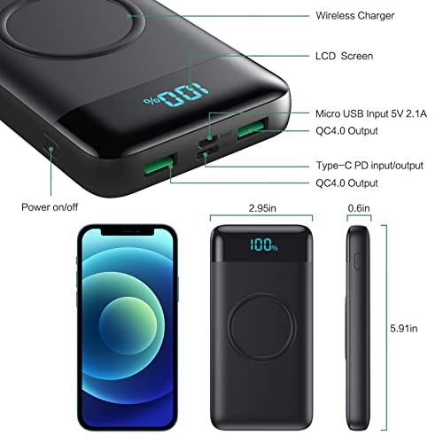 Wireless Portable Charger 30,800mAh 15W Wireless Charging 25W PD QC4.0 Fast Charging Smart LCD Display USB-C Power Bank, 4 Output External Battery Pack Compatible with iPhone 15/14/13/12, Samsung etc