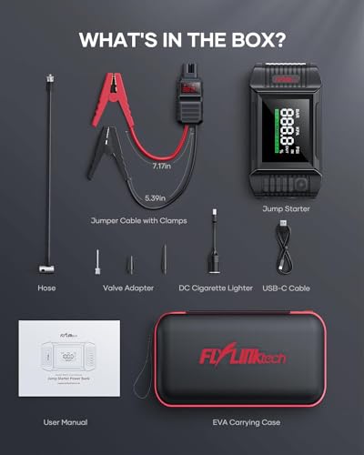 FLYLINKTECH Car Battery Jump Starter with Air Compressor, 150PSI 5000A 20000mAh Jump Starter Battery Pack(All Gas/10.0L Diesel), Safe Car Jumper Box with Display, 160W DC Out, Emergency Light