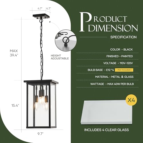 lighceac 10" Modern 4-Light Exterior Black Square Lantern Pendant Light Fixture with Clear Glass Industrial Hanging Cage Chandelier for Outdoor Porch Kitchen Island Dining Room Hallway Entryway Foyer