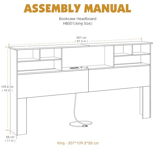 AYEASY King Size Headboard only for Bedroom, Stylish King Bookcase Headboard with Built-in Charging Station & 2 LED Lights, Noise-Free King Wood HeadBoard with Storage, Bookshelf Headboard Black