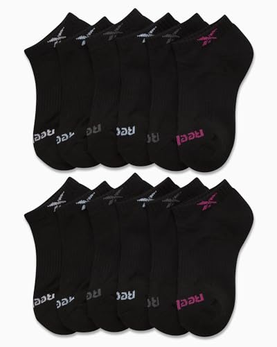 Reebok Girls' Low Cut Performance Socks - 12 Pack Cushion Comfort No Show - Breathable Active for Girls (4-10), Size Medium, All Black