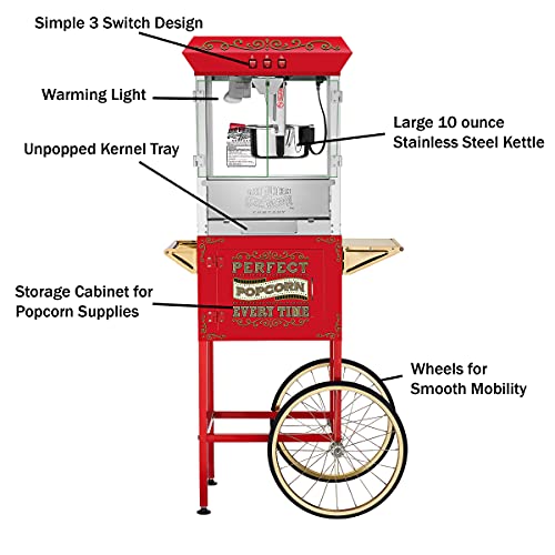 Great Northern Popcorn Perfect Popper Popcorn Machine with Cart and Stainless-Steel Kettle, Warming Light, and Accessories, 10oz, Red