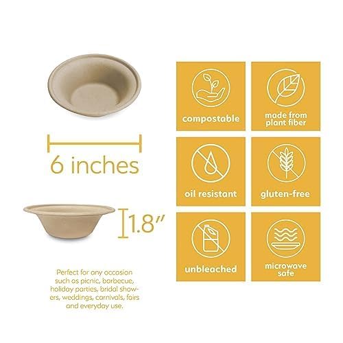 100% Compostable Paper Bowls [11.5oz 50 Pack] Soup Bowls, Pasta Bowls, Cereal, Salad, Ice Cream, Disposable Bamboo Small Bowls, Biodegradable, Unbleached by Earth's Natural Alternative
