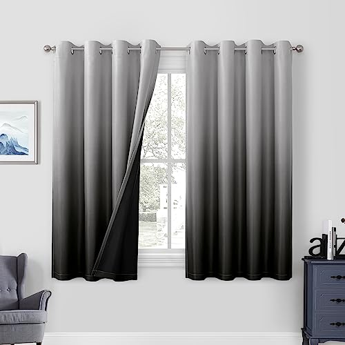 HOMEIDEAS 100% Black Ombre Blackout Curtains for Bedroom, Room Darkening Curtains 52 X 63 Inches Long Grommet Gradient Drapes, Light Blocking Thermal Insulated Curtains for Living Room, 2 Panels