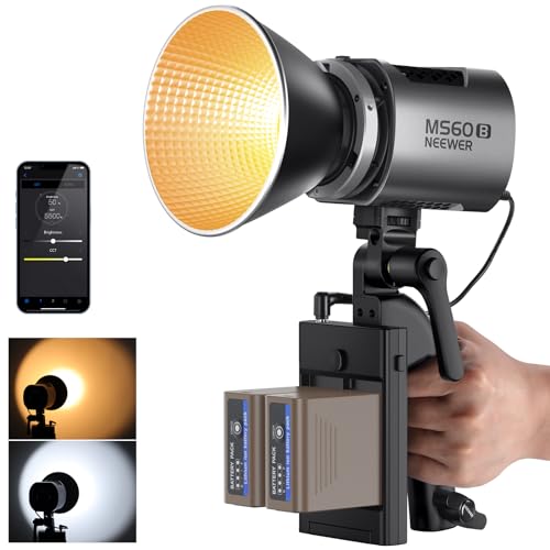 NEEWER MS60B 65W COB LED Video Light with Battery Kit, 2.4G/APP Control, 2X 7800mAh NP-F970 Battery PD Fast Charging, 2700K-6500K, PWM Dimming, 40000lux/1m, CRI97+/TLCI98+, 12 Scenes, Bowens Mount