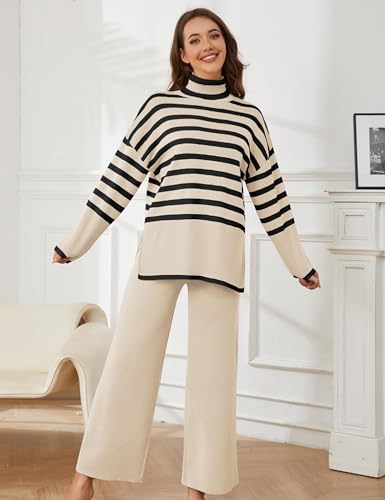 Tanming Women's Sweater Sets Long Sleeve Striped Jumper Tops Casual Knit Wide Leg Pants Sets (Beige-S)