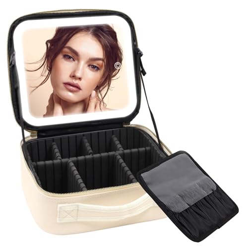 Suupvaor Travel Makeup Bag with Large Light up Mirror, 3 Colors Modes Dimming LED Lighted Cosmetic Organizer Bag Make up Case Waterproof PU Leather Travel Train Case Toiletry Gift Accessories