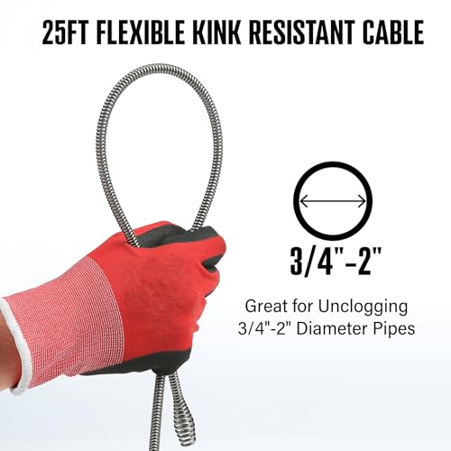 POPULO Drain Auger, 25 Ft Plumbing Snake Clog Remover with Glove and Snake Drain Drill Attachment, 3/4"-2" Pipe Snake Hair Drain Clog Remover Tools for Shower, Bathtub, Sink, Kitchen, Sewer