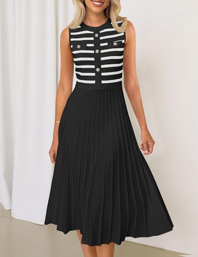 ZESICA Women's Sleeveless Striped Midi Dress Summer Crewneck Button Knit Swing Pleated A Line Casual Dresses,Beige,Small