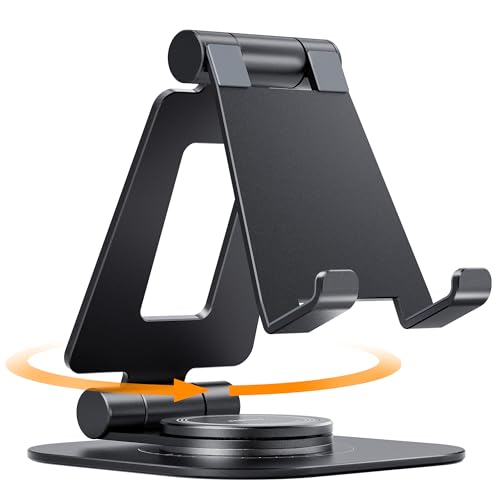 Nulaxy 360 Rotating Cell Phone Stand, Fully Adjustable Foldable Desktop Phone Holder Cradle Dock, Thick Case Friendly, Compatible with All Phones, Nintendo Switch, Black