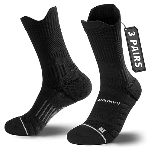 Compression Running Socks 3 Pairs, Cushion Crew Socks, Anti-Blister Moisture Wicking Athletic Hiking Basketball Socks