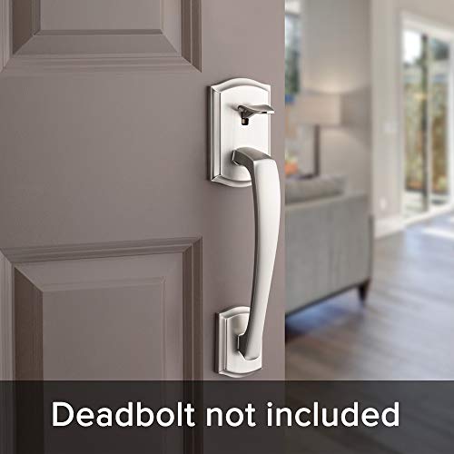 Kwikset Prescott Front Door Handle No Lock, Entry Handleset Exterior with Interior Reversible Handed Lever, Non-Locking, Satin Nickel, Deadbolt Not Included, with Microban Protection