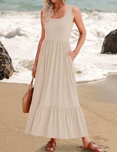 ZESICA Women's 2024 Summer Sleeveless Dress Square Neck Pleated Tiered Swing Maxi Dresses with Pockets,Apricot,Small