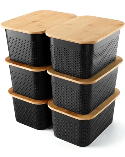 NEATJELAI Storage Bins With Lids 6 Packs Plastic Storage Containers With Bamboo Lids Stackable Storage Baskets for Organizing Desktop Closet Playroom Classroom Office, Black