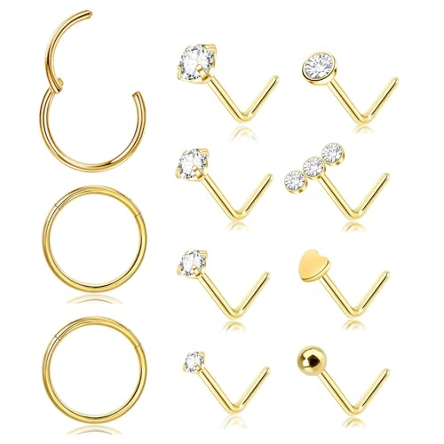 11PCS 20G Gold Nose Rings L Shaped Nose Studs, 316L Surgical Steel Nose Studs Rings Hoops for Women Men Hypoallergenic Tiny CZ Heart Nose Studs 1.5mm 2mm 2.5mm 3mm Nose Piercings Jewelry 8MM (11PCS Silver)