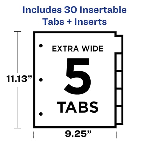 Avery Extra-Wide Big Tab Insertable Dividers for 3 Ring Binders, 5 Tab Set, White Paper, Clear Tabs, Works with Sheet Protectors, 1 Set (11221) (Pack of 5)