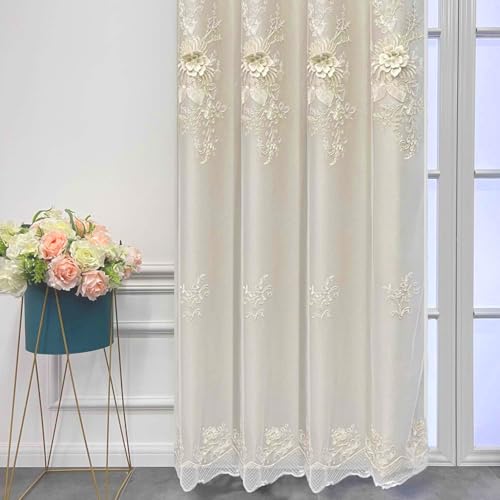 European Beige Double Layer Blackout Curtain for Bedroom Living Room Grommet Top Elegant Floral Beaded Embroidery Sheer Voile Plus Thick Shading Thermal Insulated Cloth Curtains 1PC W50 L84 inch