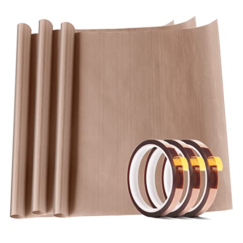 3 Pack PTFE Teflon Sheet 12 x 16" and 3 Rolls 10mm X 33m Heat Resistant Sublimation Thermal Tape for Heat Press Transfer,Non Stick Paper Reusable Craft Mat,Protects Iron,for Machines