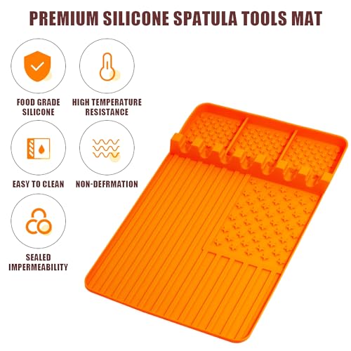 Silicone Griddle Tools Mat for Blackstone,Grill BBQ Caddy Utensils Holder for Kitchen,Cooking & Countertop,Large Spatula Mat with Drip Pad,Griddle Accessories for Blackstone (orange)