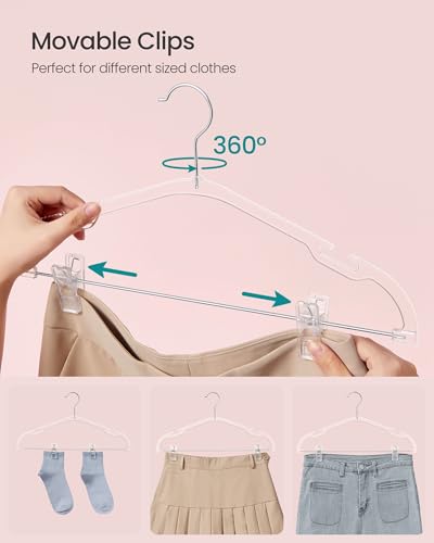 SONGMICS Pants Hangers 20 Pack, Clear Plastic Hangers, 16 x 8.9 Inches, Skirt Hangers with Adjustable Clips, Wide Shoulder Notches, 360° Swivel Hook, for Pants, Skirts, Dresses, Clear UCRP070W01