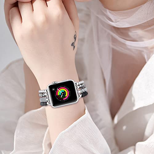 fastgo Beaded Bracelet Band Compatible with Apple Watch 45mm 44mm 42mm 49mm Women Series 7, Crystal Elastic Stretchy Strap for Iwatch SE & Series 9 Ultra 8 7 6 5 4 3 2 1(Black/Silver)