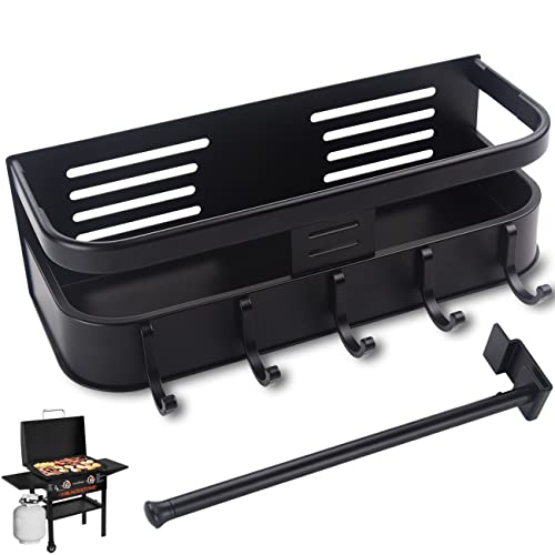 Magnetic Griddle Grill Caddy Organizer No-Installation - Durable Aluminum BBQ Storage for Outdoor Blackstone Grills with Side Shelves, with Paper Towel Holder