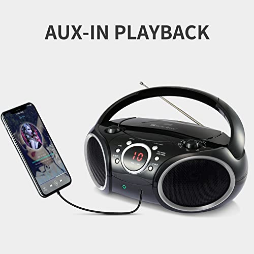 SINGING WOOD 030C Portable CD Player Boombox AM FM Analog Tuning Radio, Aux Line in, Headphone Jack, Foldable Carrying Handle (Black with a Touch of Grey Rims)