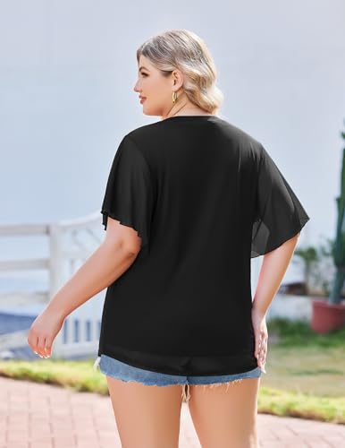 IN'VOLAND Plus Size Short Sleeve Blouses Womens Double Layers Mesh V Neck Tunic Dressy Casual Flowy Stretchy Work Tops Black 18W