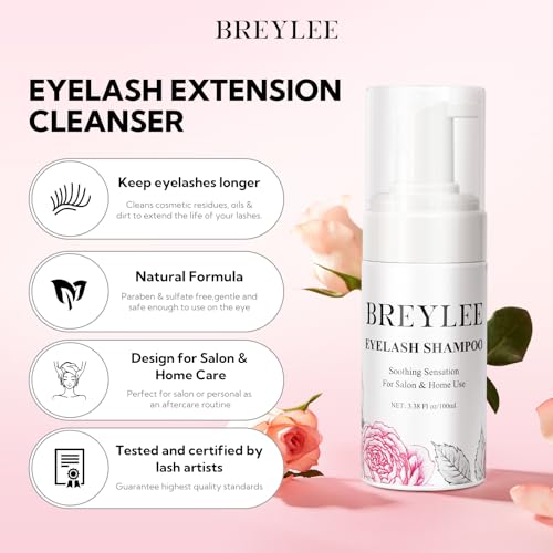 BREYLEE 100 ml Lash Shampoo for Lash Extensions, Lash Fan Dryer+Rinse Bottle+Brushes+Cotton Puff, Eyelash Extension Cleanser, Lash Bath Wash Soap Foam Cleaner for Salon and Home Use