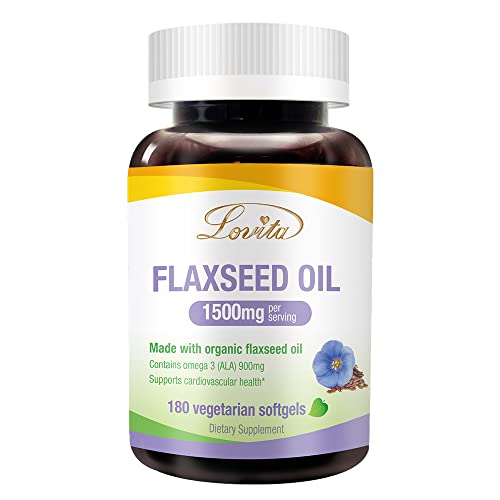 Lovita Organic Cold-Pressed Flaxseed Oil : 1500mg with 900mg ALA Omega-3. Vegan. 180 Softgels