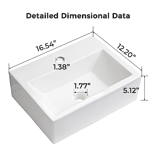 DELAVIN 16"x12" in Modern Bathroom Vessel Sink, White Ceramic Bathroom Sink, Rectangle Above Countertop Bathroom Vessel Sink, Ceramic Rectangular Bathroom Vessel Sink With Faucet Hole