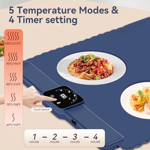 Electric Warming Tray for Food Warmer: Silicone Heating Mat with 5 Temperature Settings Auto Shut-Off, Portable Foldable Roll Up Heating Pad for Parties Gatherings, Home Everyday Use