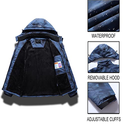 Pooluly Men's Ski Jacket Warm Winter Waterproof Windbreaker Hooded Raincoat Snowboarding Jackets Blue Camo-S