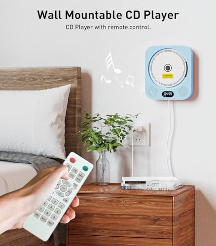 Kpop CD Player with Bluetooth Speakers,Blue Wired Cute Desktop/Wall CD Players for Home with IR Remote Control,FM Radio/CD Music Timer Alarm Clock with LED Display,Support CD/USB/TF/AUX/Copy