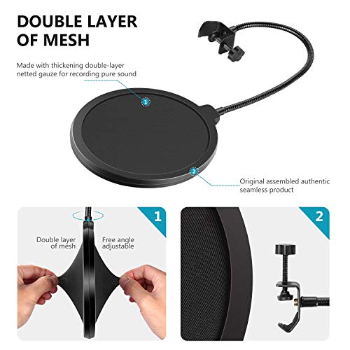 Neewer Professional Microphone Pop Filter Shield Compatible with Blue Yeti and Any Other Microphone, Dual Layered Wind Pop Screen With A Flexible 360 Degree Gooseneck Clip Stabilizing Arm