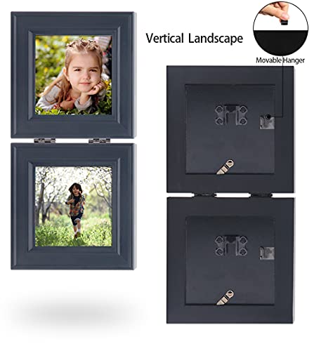 Double 4x4 Wood Photo Frame, Hinged Picture Frames, with Glass Front, Fit for Stands Vertically on Desk Table Top or Wall Hanging (Window 3.5 x 3.5 Picture, Black Color)