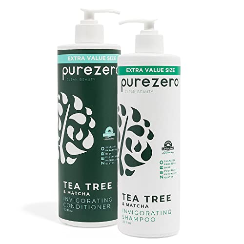 Purezero Tea Tree & Matcha Shampoo and Conditioner Set - Nourishing & Invigorating Scalp Treatment - Zero Sulfates, Parabens, Dyes Vegan and Cruely Free (12 Fl Oz (Pack of 2))