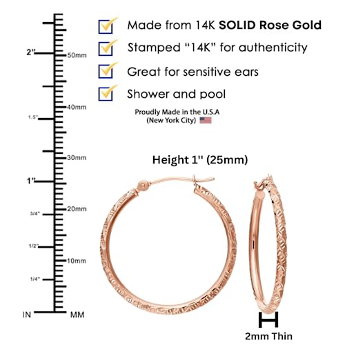 14k Rose Gold Hand Engraved Diamond-cut Round Hoop Earrings -1'' Diameter……