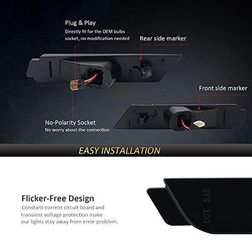 D-Lumina Smoked Lens LED Side Marker Lights Amber & Red Compatible for Chevy Camaro 2010-2015, Front Rear Bumper Sidemarker Lamps Reflectors, Turn Signal Amber & Brake Light Red, Pack of 4