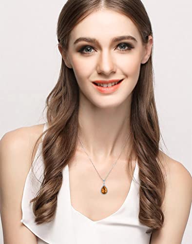 VONSSY Classic Oval Pendant Gemstone Necklace | Crystal Ruby Waterdrop Birthstone Teardrop Emerald Sapphire Necklace | 18K Platinum Plated Chain (Dia White)